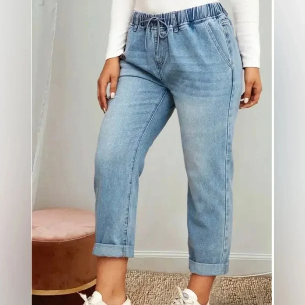 Drawstring High Waist Distress Jeans Fade Pants Pull On 2XL (14/16) Trendy NWT - Picture 7 of 14